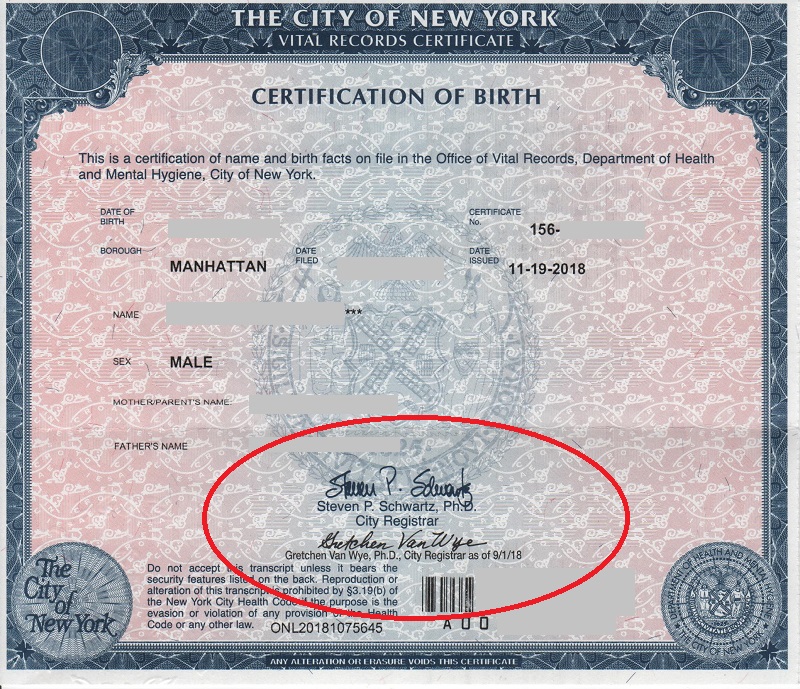 NYC birth certificate short Gretchen Van Wye